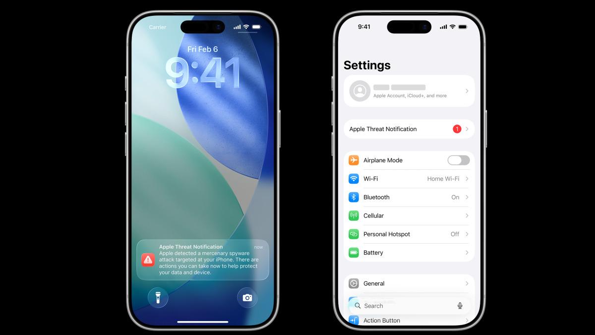iPhone kilit ekranında Apple Threat Notification uyarısı ve Ayarlar menüsünde tehdit bildirimi satırı görülüyor.