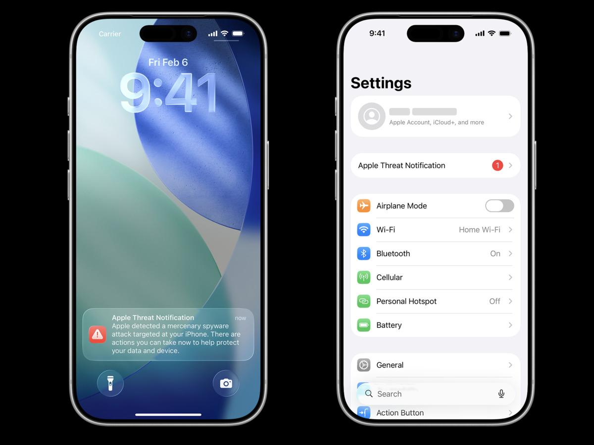İki iPhone ekranında Apple Threat Notification uyarısı ve Ayarlar arayüzündeki bildirim bölümü yer alıyor.