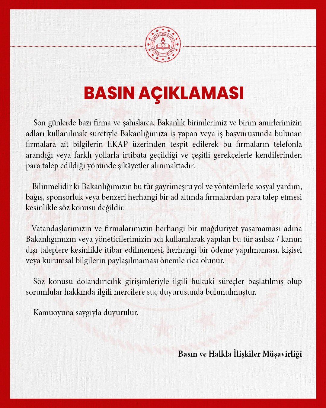 Milli Eğitim Bakanlığı'nın dolandırıcılık uyarısına ilişkin basın açıklaması görseli.
