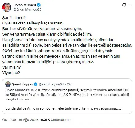 Erkan Mumcu’nun Şamil Tayyar’a yönelik canlı yayın çağrısını içeren sosyal medya paylaşımı.