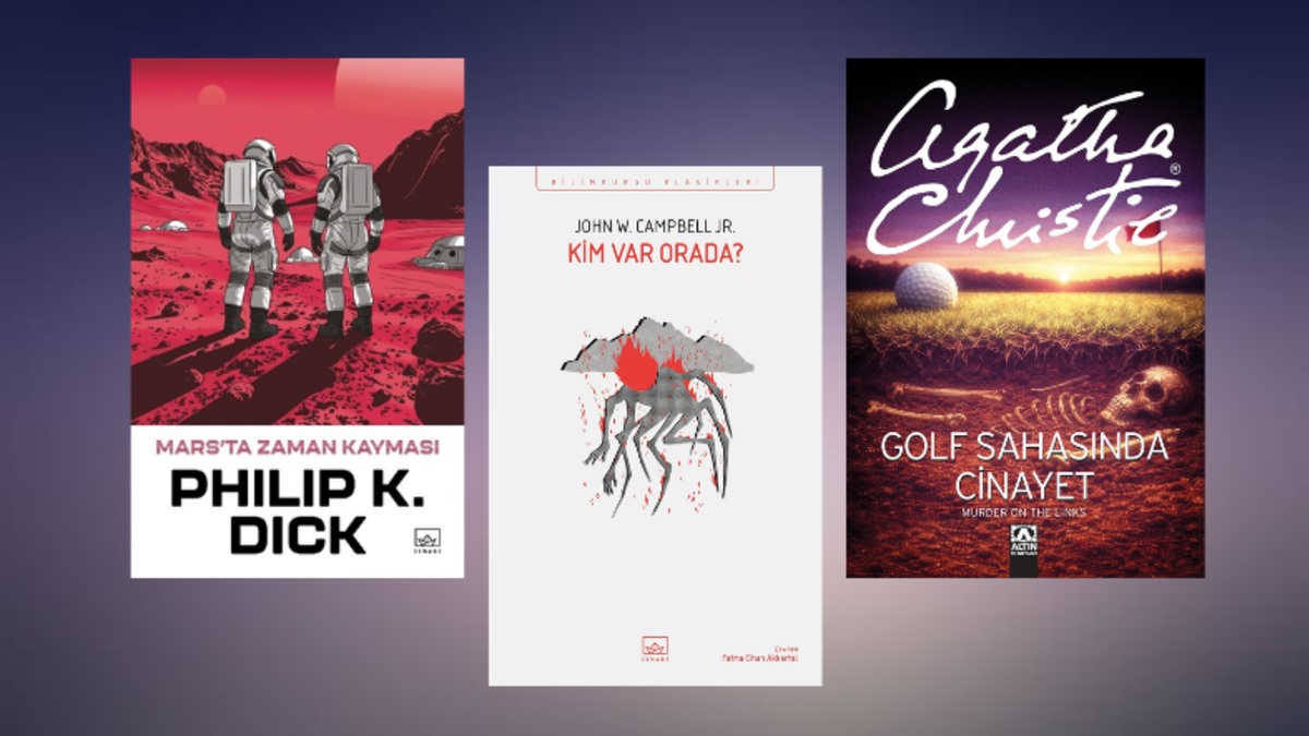 Mars’ta Zaman Kayması, Kim Var Orada? ve Golf Sahasında Cinayet kitap kapaklarının yer aldığı görsel.