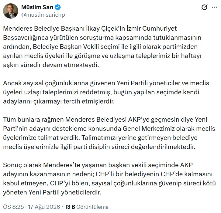 Müslim Sarı’nın sosyal medya hesabından yaptığı Menderes Belediye Başkan Vekili seçimi açıklamasının ekran görüntüsü.