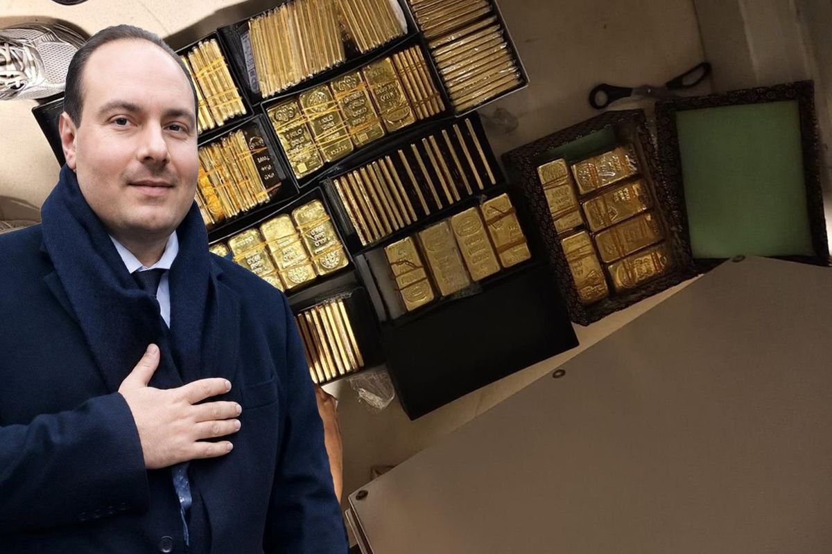 Bir kişinin fotoğrafı ile altın külçeleri ve nakit paraların yer aldığı kolaj haber görseli.