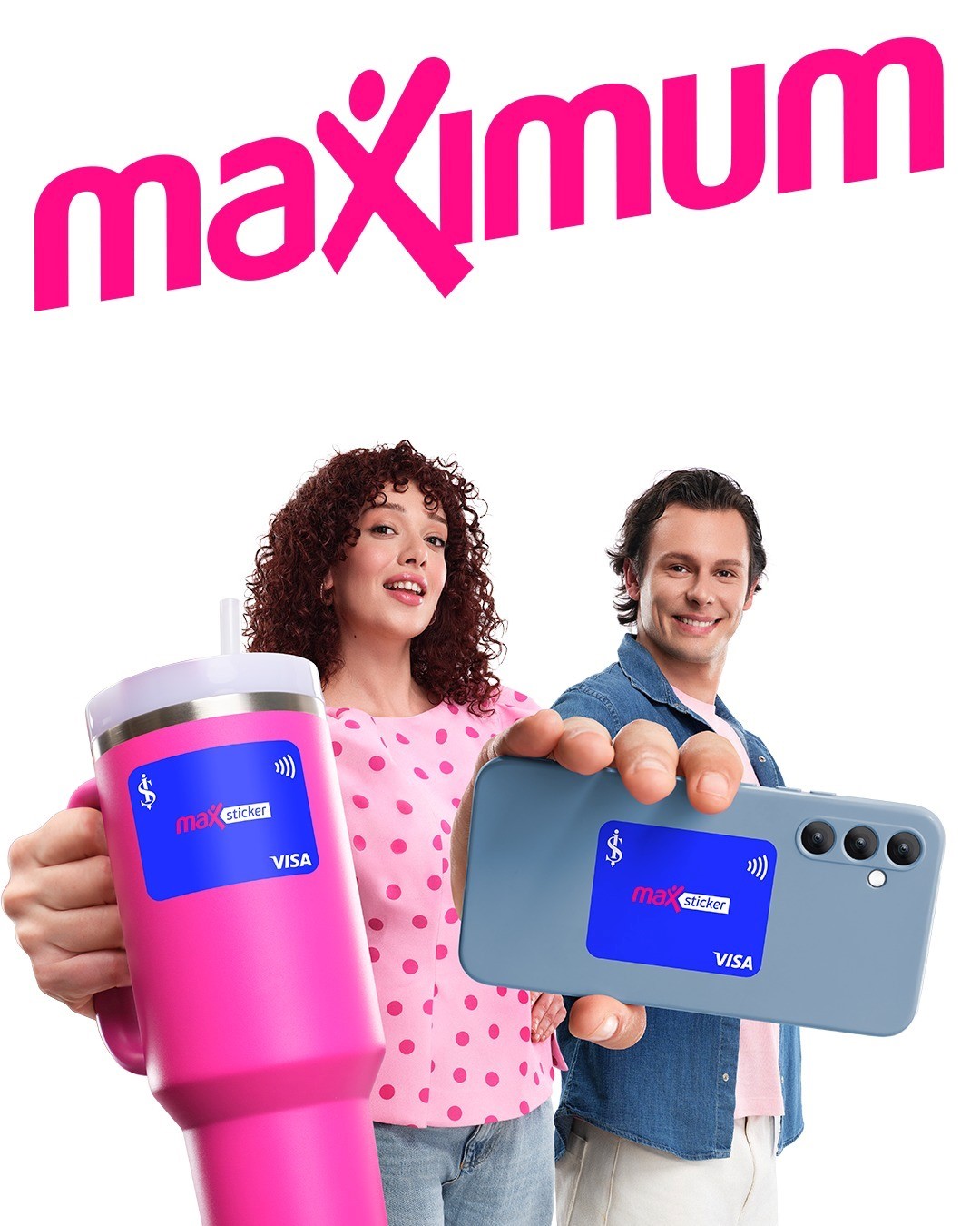 MaxSticker ürününün telefon ve termos üzerinde kullanıldığını gösteren tanıtım görseli.