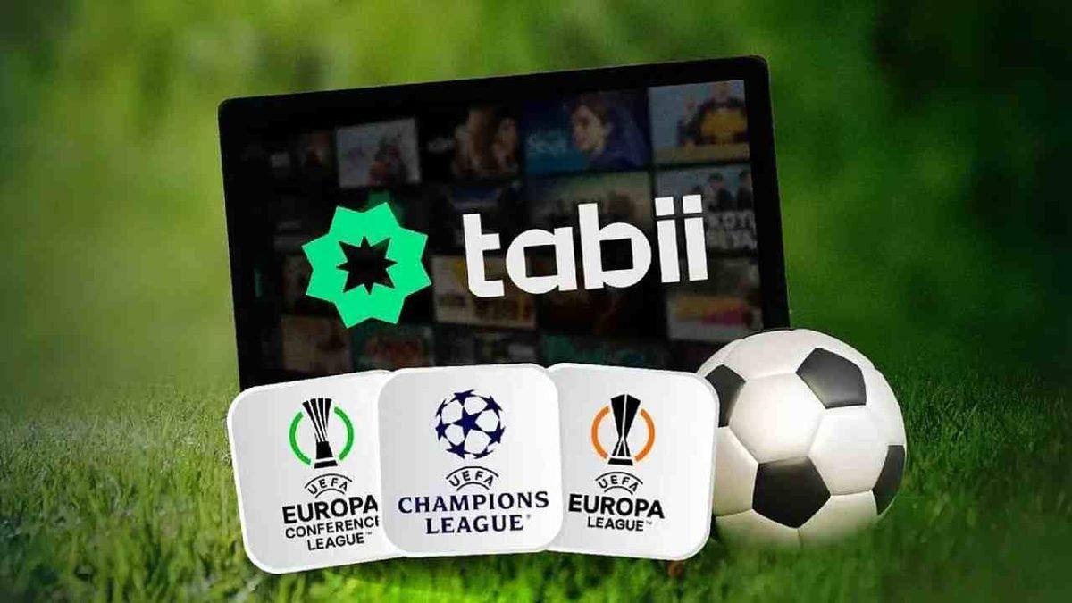 tabii platformu ve Avrupa kupaları yayınlarını temsil eden futbol temalı görsel.