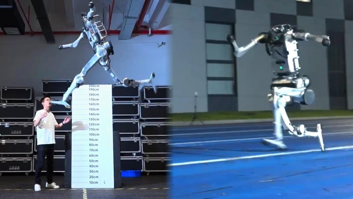 Bir insansı robotun yükseklik ölçüm düzeneği yanında sıçradığı ve pistte koştuğu tanıtım görüntüsü.