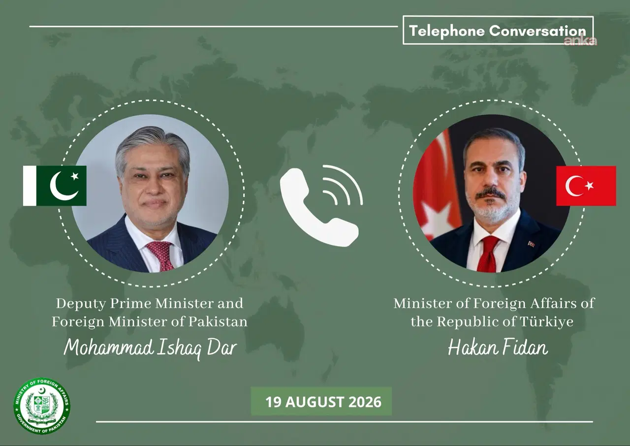 Türkiye Dışişleri Bakanı Hakan Fidan ile Pakistan Dışişleri Bakanı Muhammed İshak Dar arasındaki telefon görüşmesini gösteren bilgilendirme görseli.