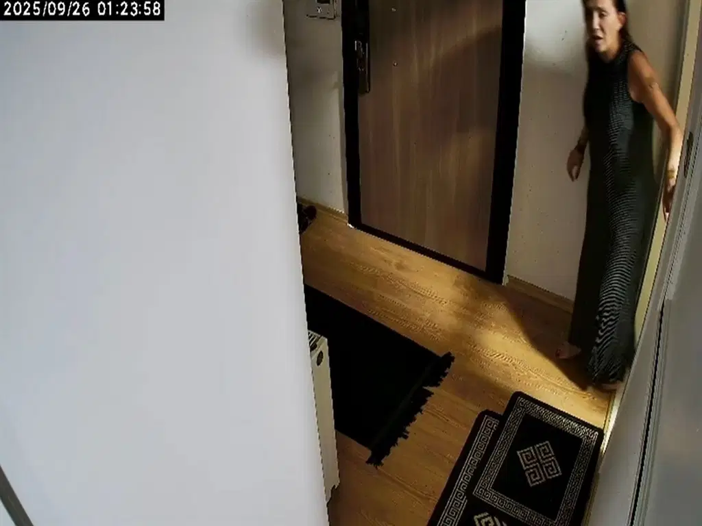 Bir apartman dairesinin giriş bölümünü gösteren kamera kaydı görüntüsü.