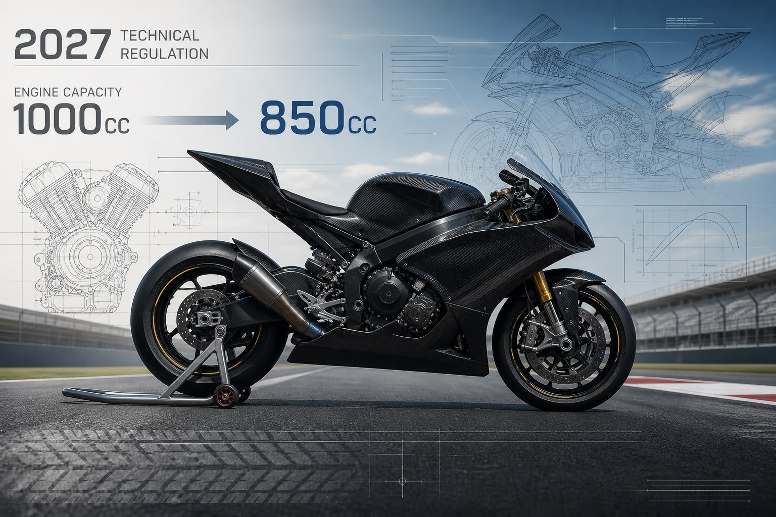 MotoGP’de 2027 teknik değişimlerini anlatan pist ve yarış motosikleti temalı illüstratif görsel.