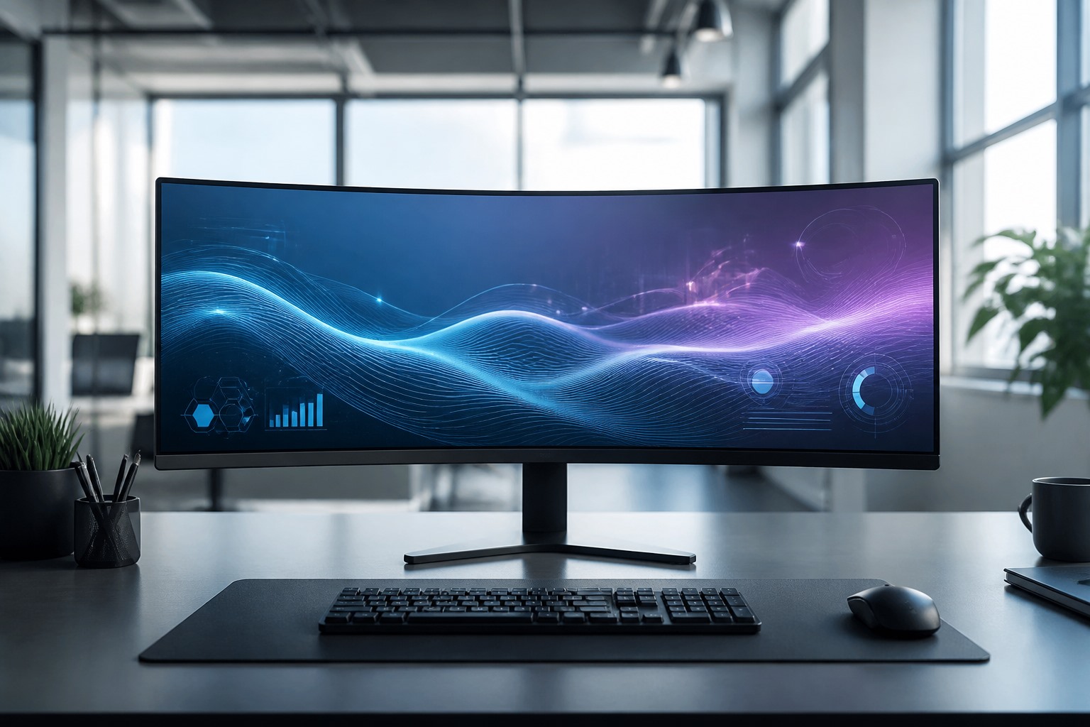 Un monitor ultra ancho curvo en un escritorio de oficina y elementos de interfaz digital.