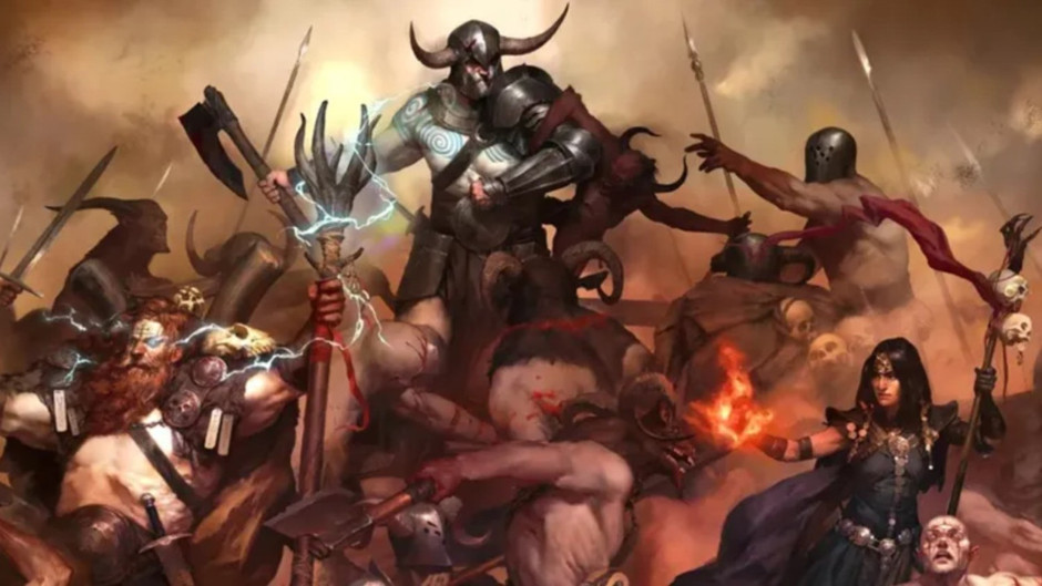 Escena de batalla de fantasía oscura con temática de Diablo 4.
