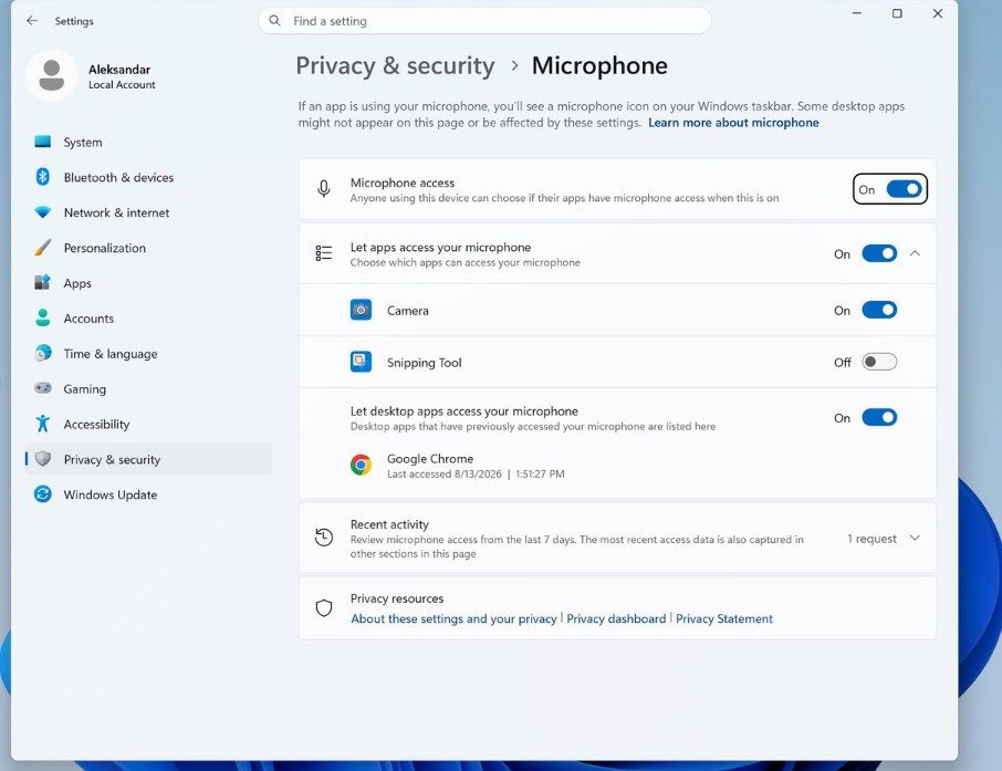 Microphone permissions screen in the Privacy and security section of the Windows 11 Settings app.