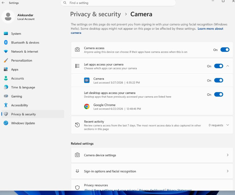 Camera permissions screen in the Privacy and security section of the Windows 11 Settings app.