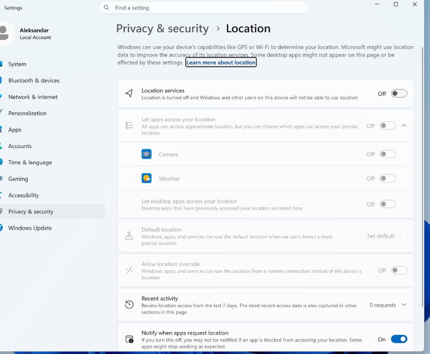 Location permissions screen in the Privacy and security section of the Windows 11 Settings app.