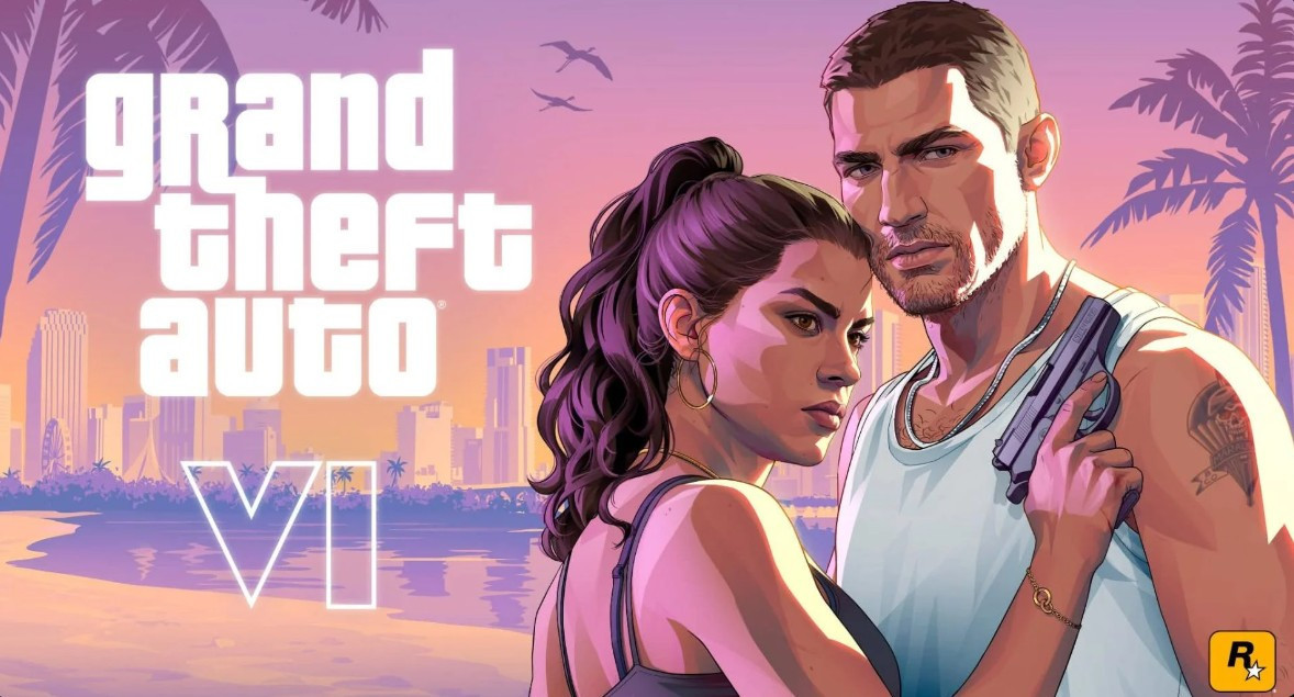 A GTA 6-themed image featuring two characters and a coastal city atmosphere in the background.