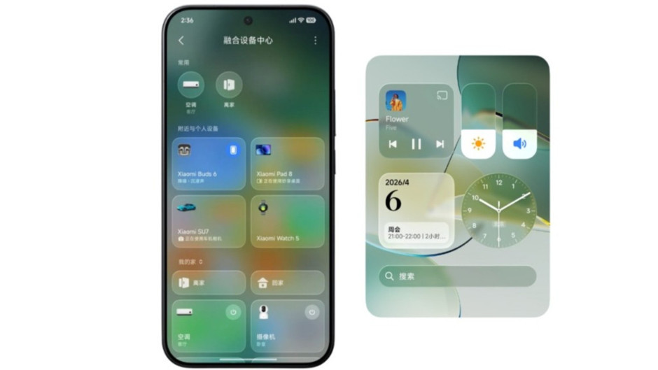 Glass-like transparent interface panels are seen on a Xiaomi phone and tablet screen.