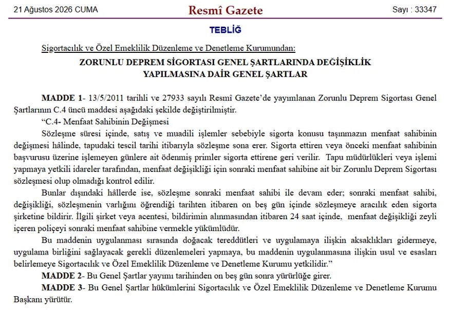 Resmi Gazete’de yayımlanan Zorunlu Deprem Sigortası Genel Şartları değişikliğine ilişkin tebliğ görüntüsü.