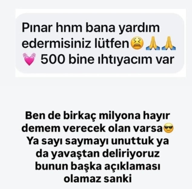 Pınar Altuğ’a gönderilen 500 bin TL yardım talebi ve oyuncunun yanıtını gösteren sosyal medya paylaşımı.