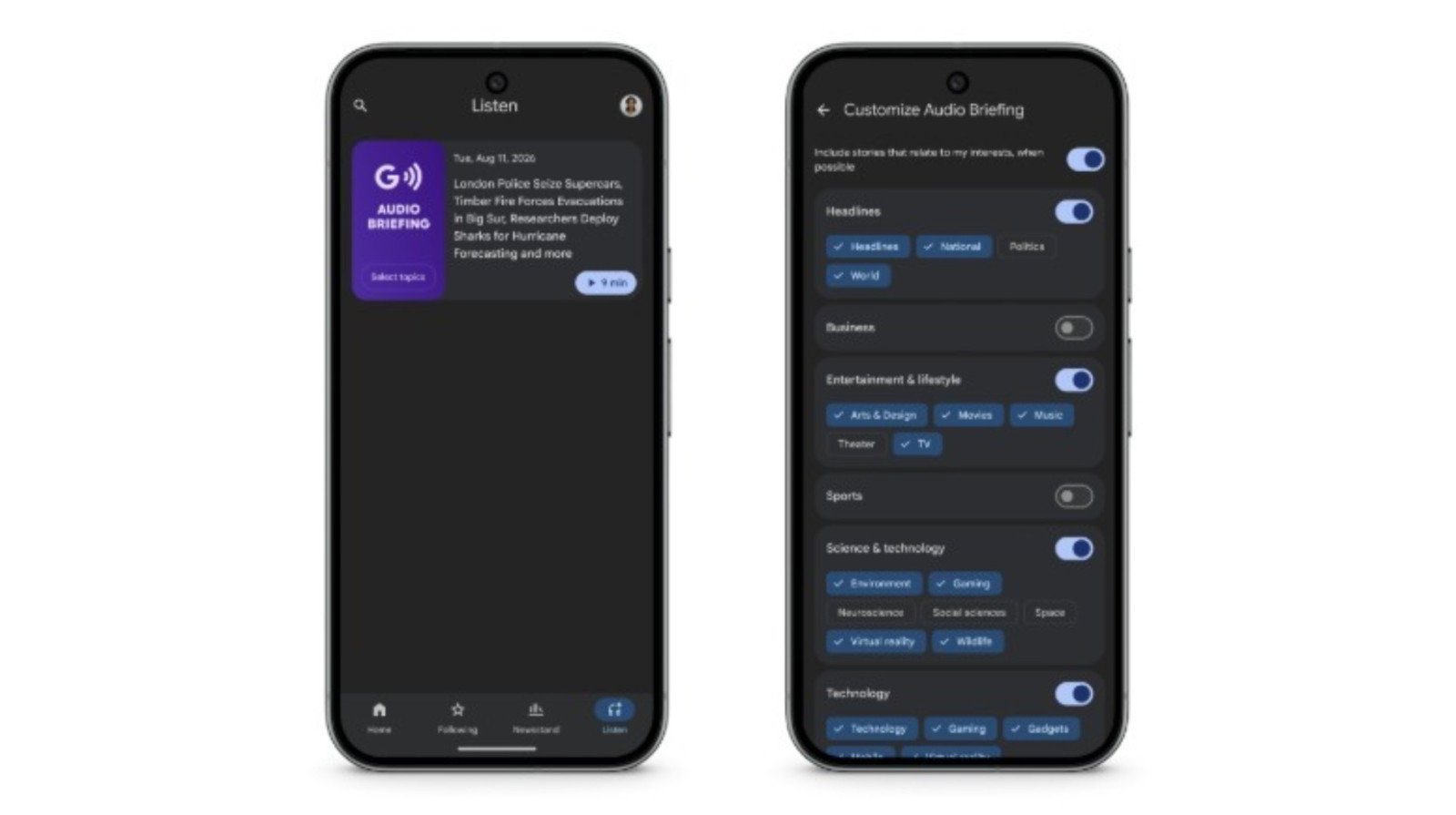 Deux écrans de téléphone montrant les résumés d'actualités vocaux et les options de sélection de sujets dans l'application Google News.