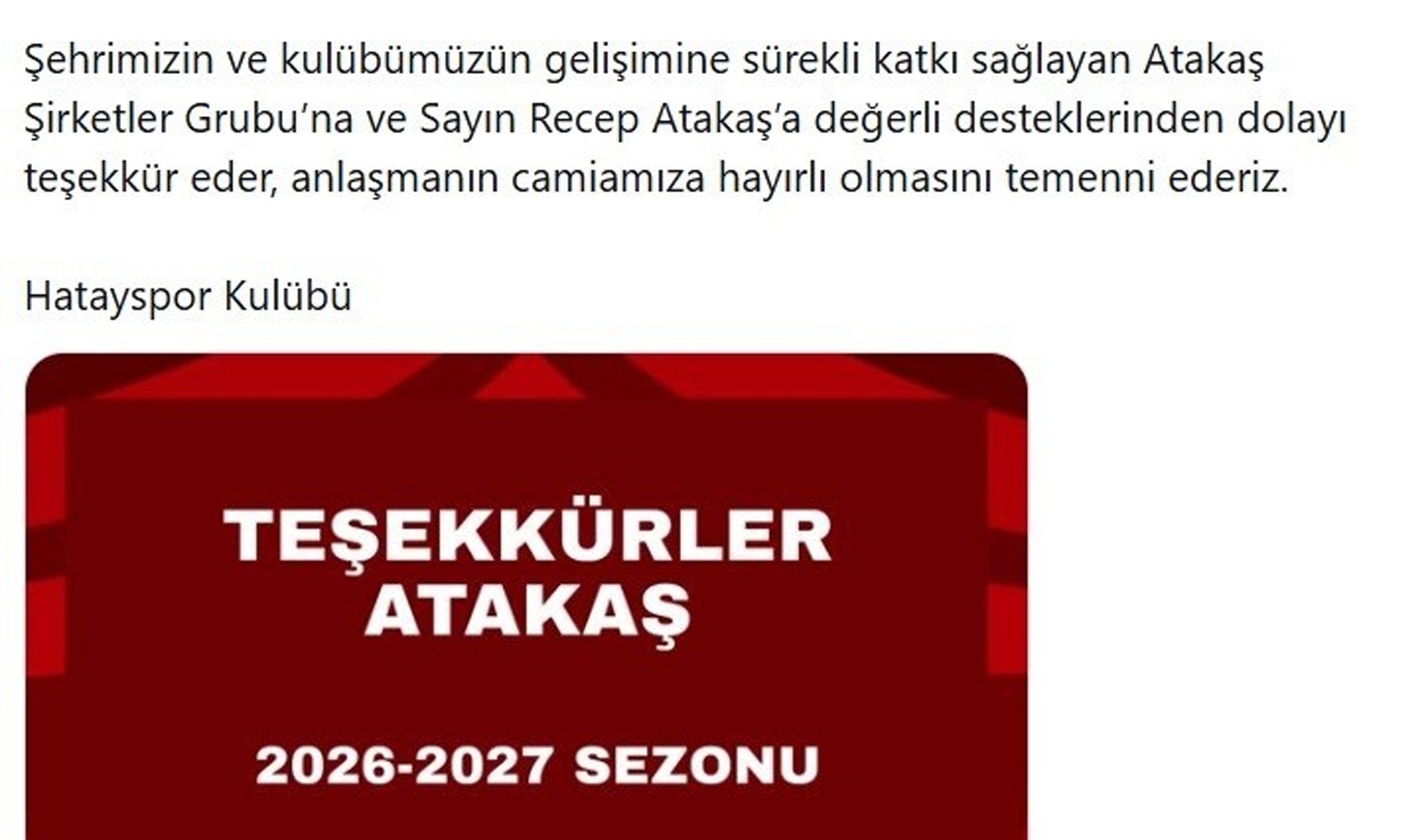 Atakaş Şirketler Grubu, 2026-2027 sezonunda Hatayspor’un sırt sponsoru oldu