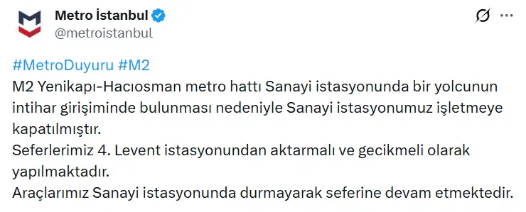 Screenshot of Metro İstanbul's announcement regarding the Sanayi station on the M2 Yenikapı-Hacıosman line.