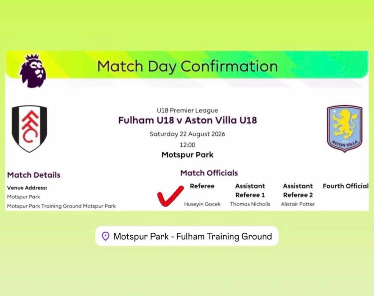 Fulham U18 ile Aston Villa U18 arasındaki maçın görevli listesini gösteren görselde Hüseyin Göçek'in hakem olarak yer aldığı görülüyor.