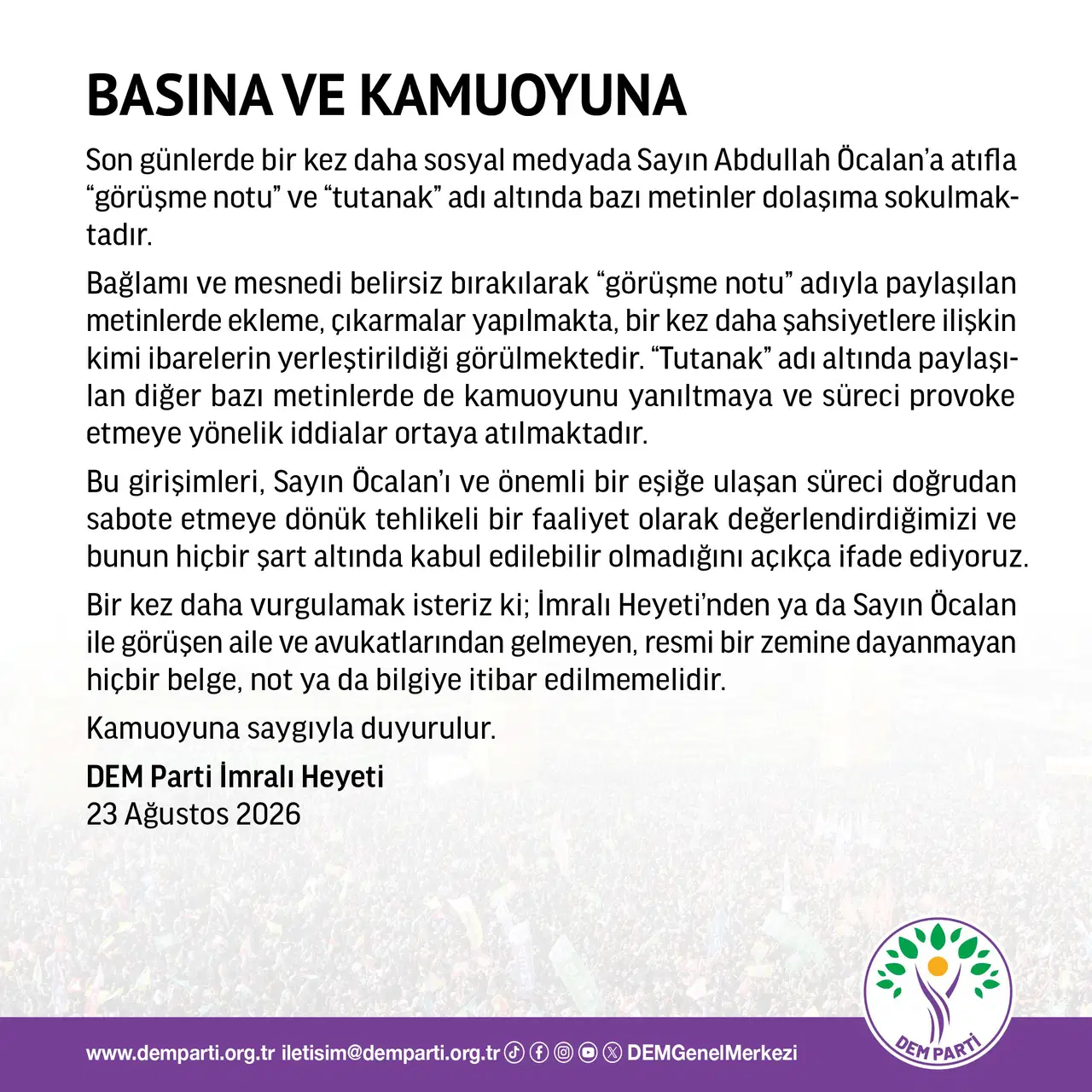 DEM Parti İmralı Heyeti tarafından yayımlanan basın açıklamasının görseli.