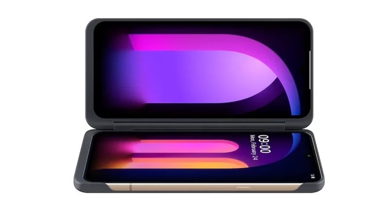 Çift ekran aksesuarıyla açık konumda görülen LG V60 ThinQ 5G modeli.