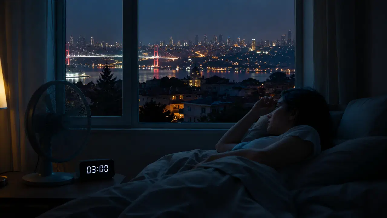 Gece İstanbul manzarasına bakan bir odada vantilatör ve dijital saat bulunan görsel.