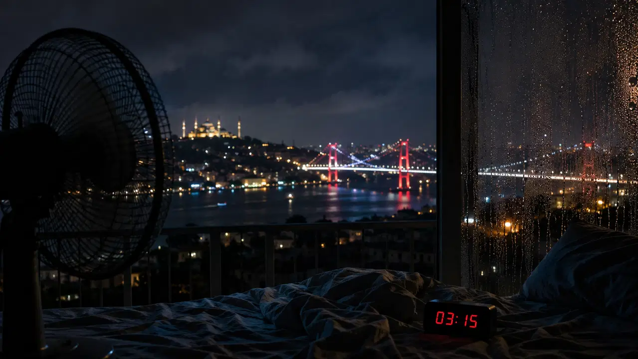 Nemli cam, vantilatör ve gece İstanbul silüetini gösteren yatak odası görseli.