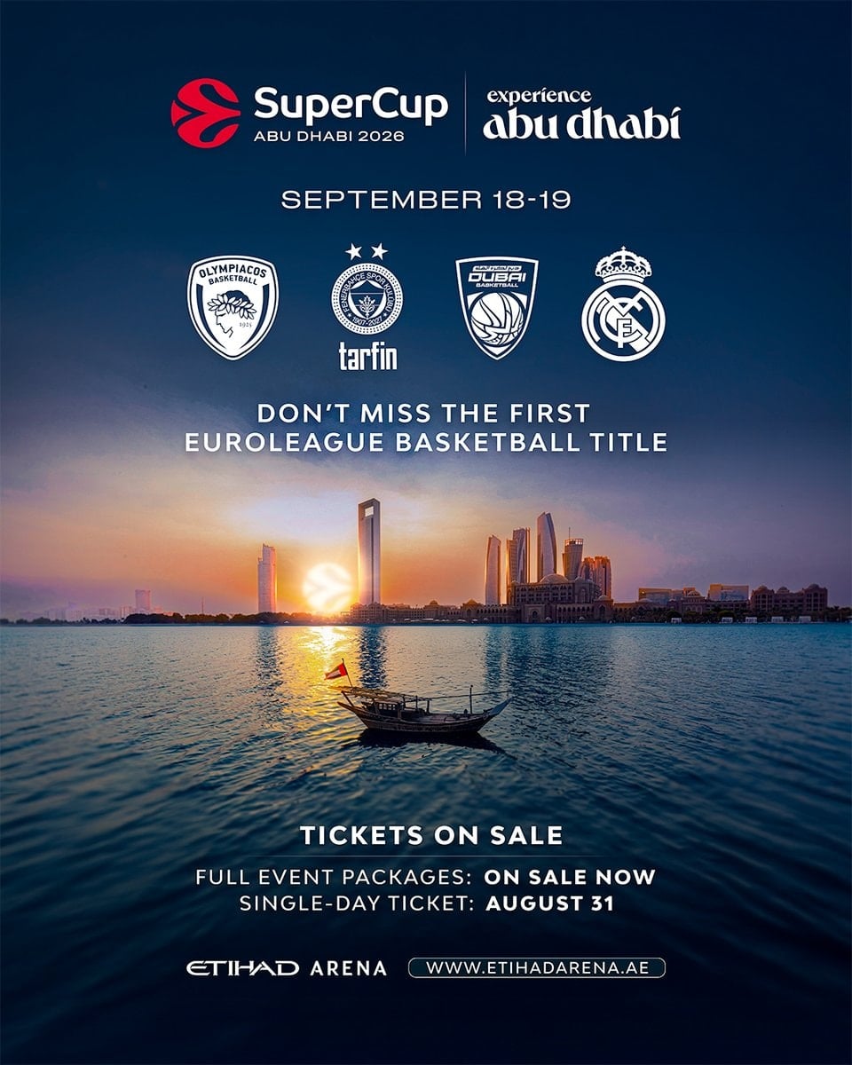 EuroLeague Süper Kupa Abu Dabi 2026 duyuru görseli; turnuvada Olympiakos, Fenerbahçe Tarfin, Dubai Basketbol ve Real Madrid logoları yer alıyor.