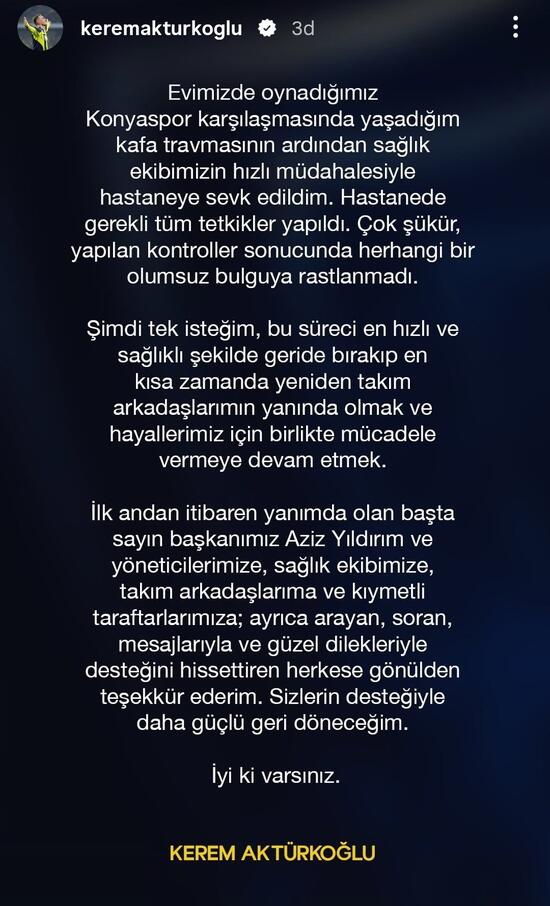 Kerem Aktürkoğlu’nun sağlık durumuna ilişkin sosyal medya açıklamasının ekran görüntüsü.