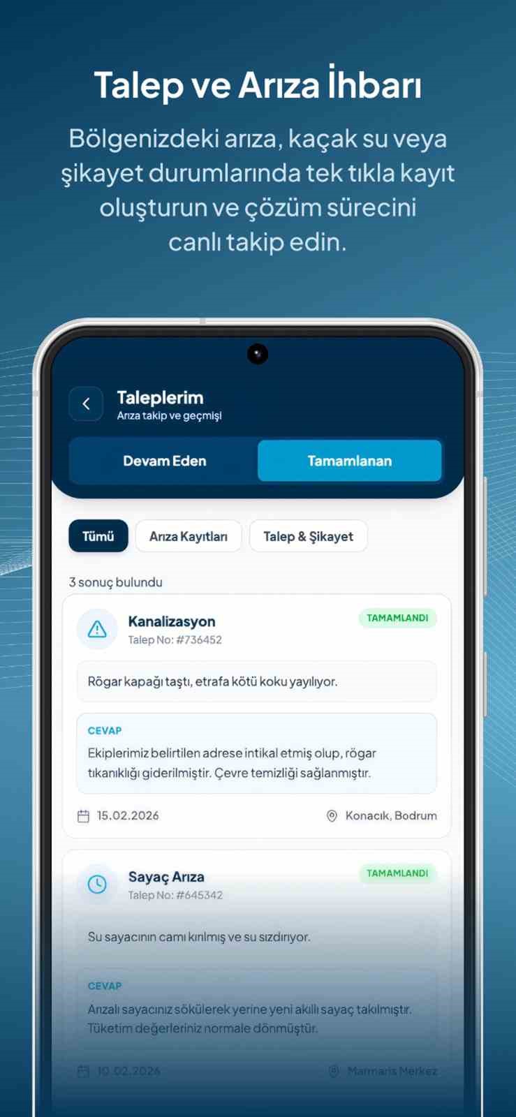 MUSKİ Mobil Uygulaması’nda talep ve arıza ihbarı ekranını gösteren tanıtım görseli.