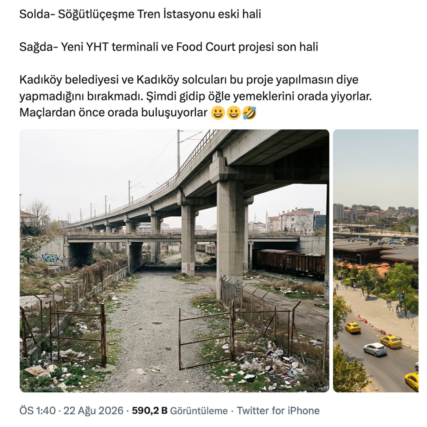 Confronto di due immagini in un post su X che si sostiene siano il vecchio aspetto di Söğütlüçeşme e il nuovo progetto del terminal.