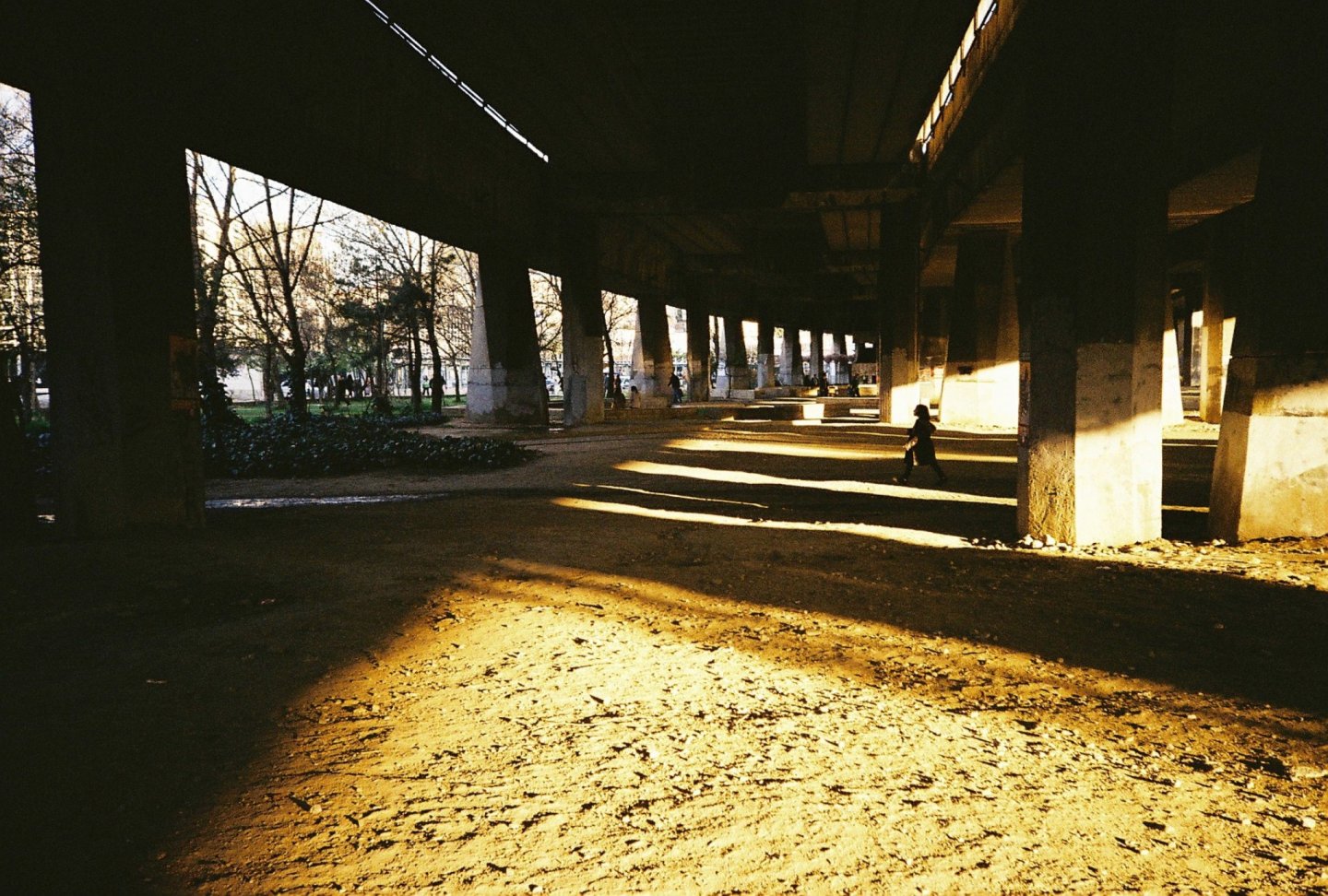 Un'altra foto di Söğütlüçeşme dove si vedono uno spazio aperto illuminato dalla luce del giorno e colonne in cemento sotto il viadotto.