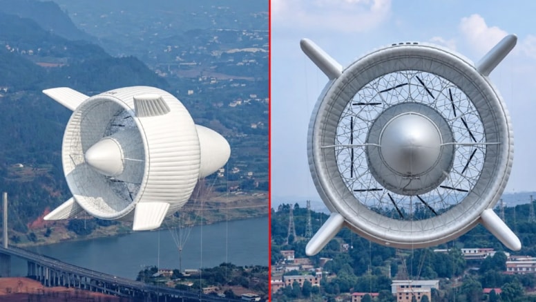 Two views of the large white flying wind turbine system suspended in the air.