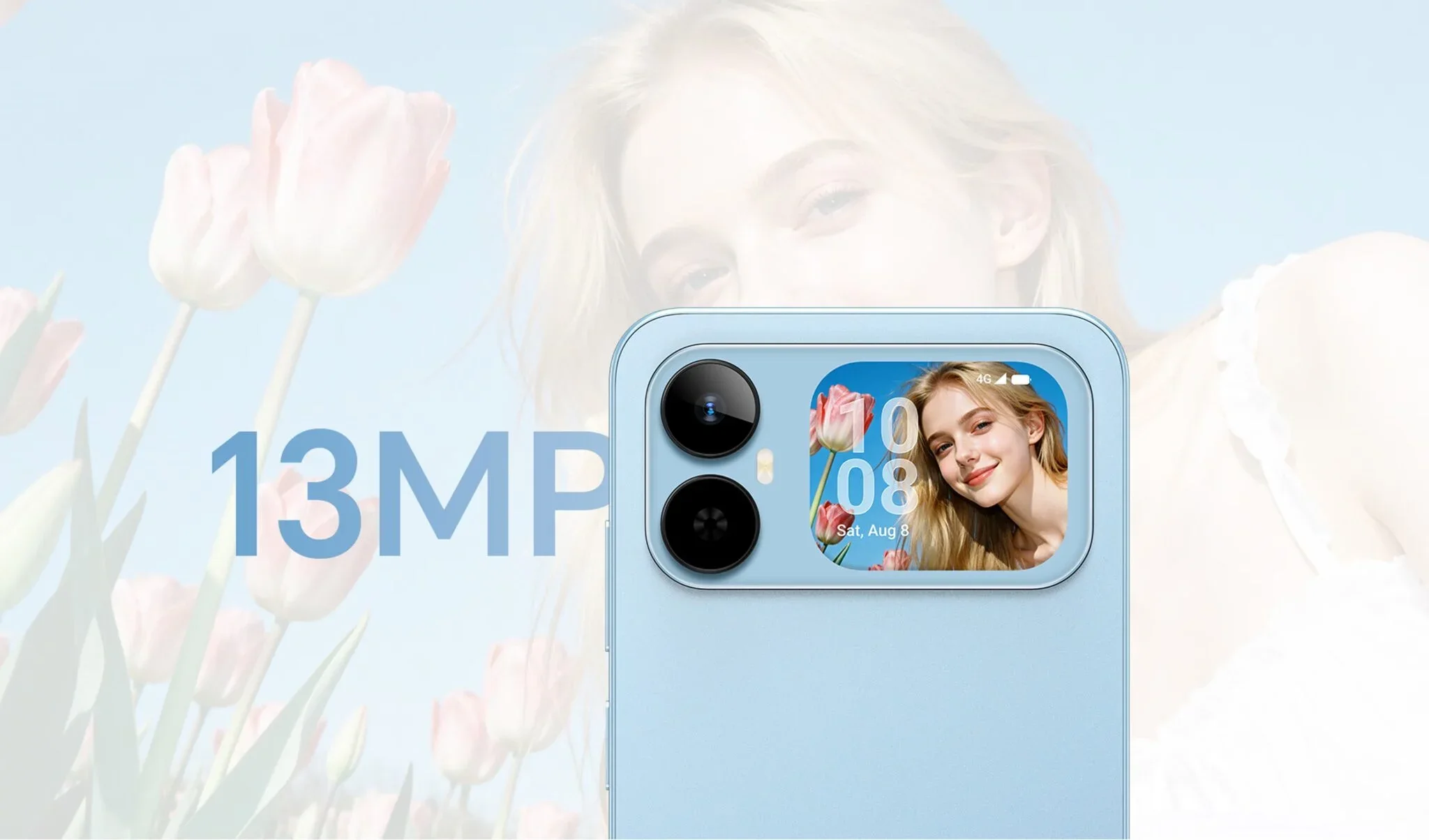 Immagine promozionale che mostra lo schermo secondario situato accanto al modulo della fotocamera posteriore di Honor Play 20A.