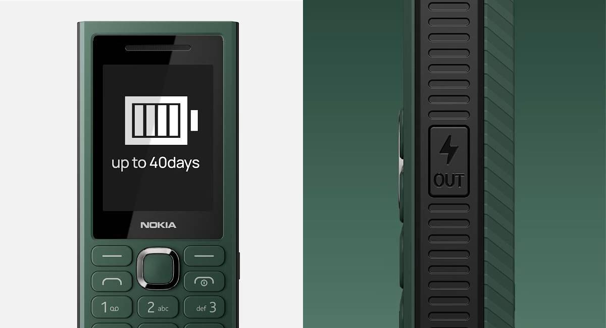 Immagine che evidenzia la durata della batteria del modello Nokia 300 Charge e i dettagli della superficie laterale.