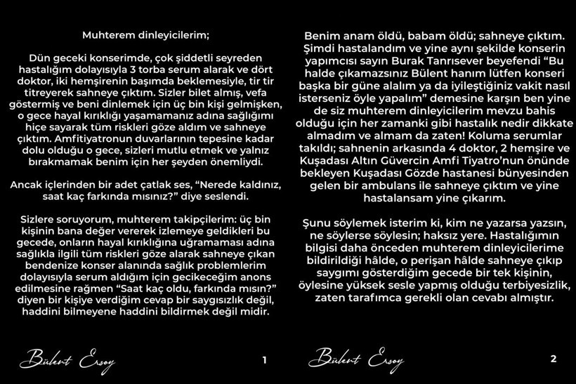 Bülent Ersoy’un konser sonrası yaptığı açıklamanın ilk bölümlerini gösteren metin görseli.