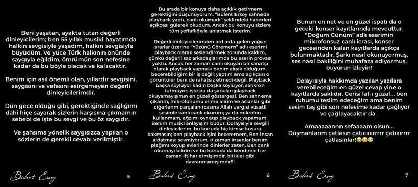 Bülent Ersoy’un playback iddialarına ilişkin açıklamasını içeren metin görseli.