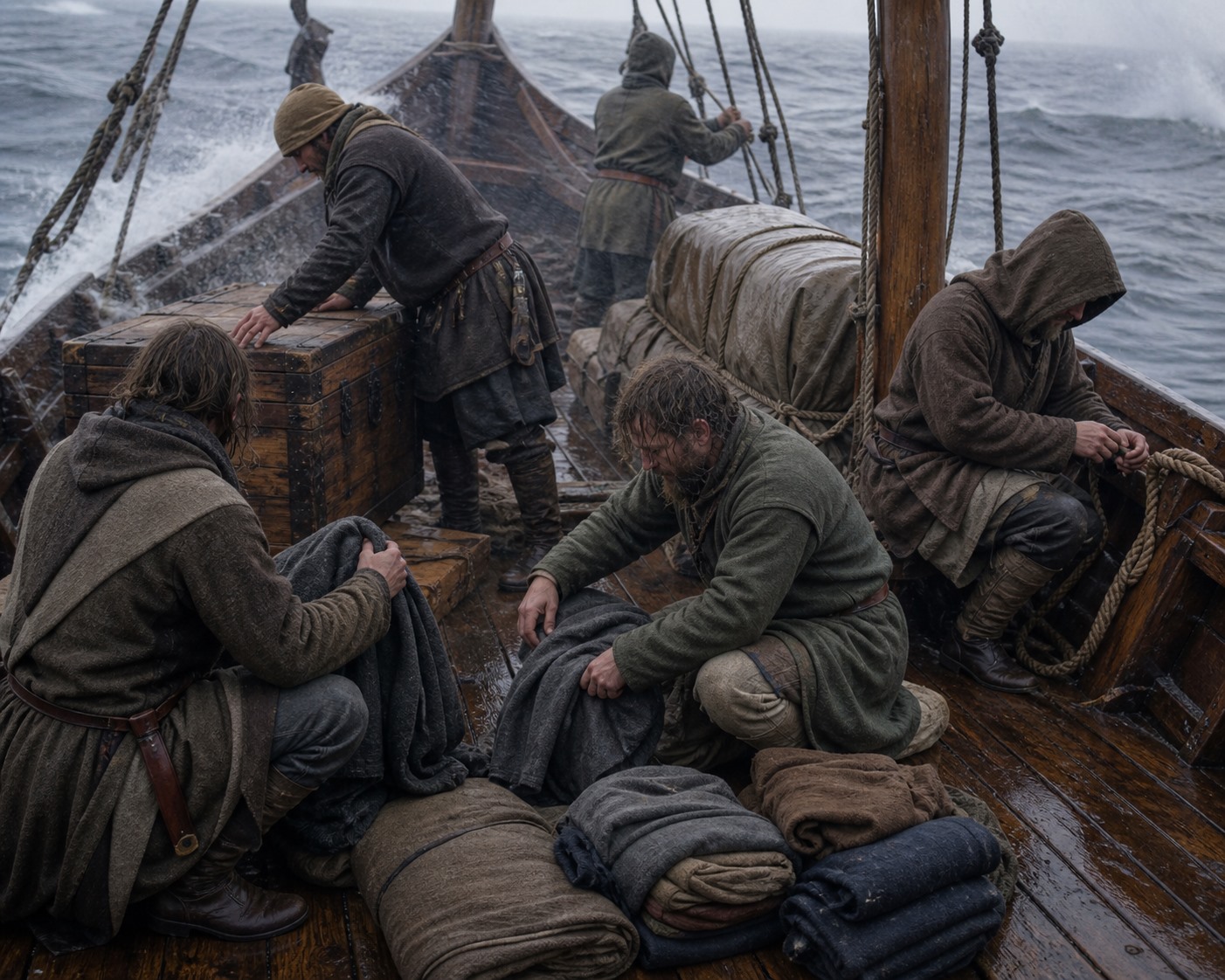 Soğuk denizde Viking denizcilerinin yün giysiler, halatlar ve erzak sandıklarıyla teknede çalışmasını gösteren illüstrasyon.