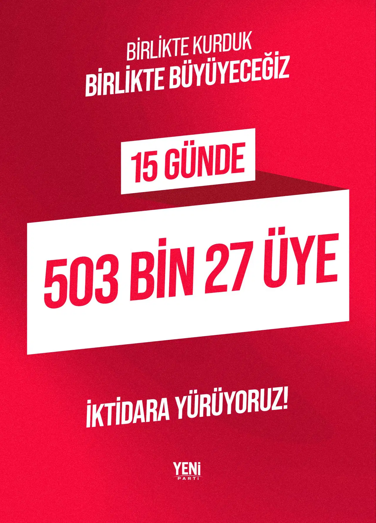 Kırmızı zemin üzerinde YENİ Parti’nin 15 günde 503 bin 27 üyeye ulaştığını duyuran grafik.