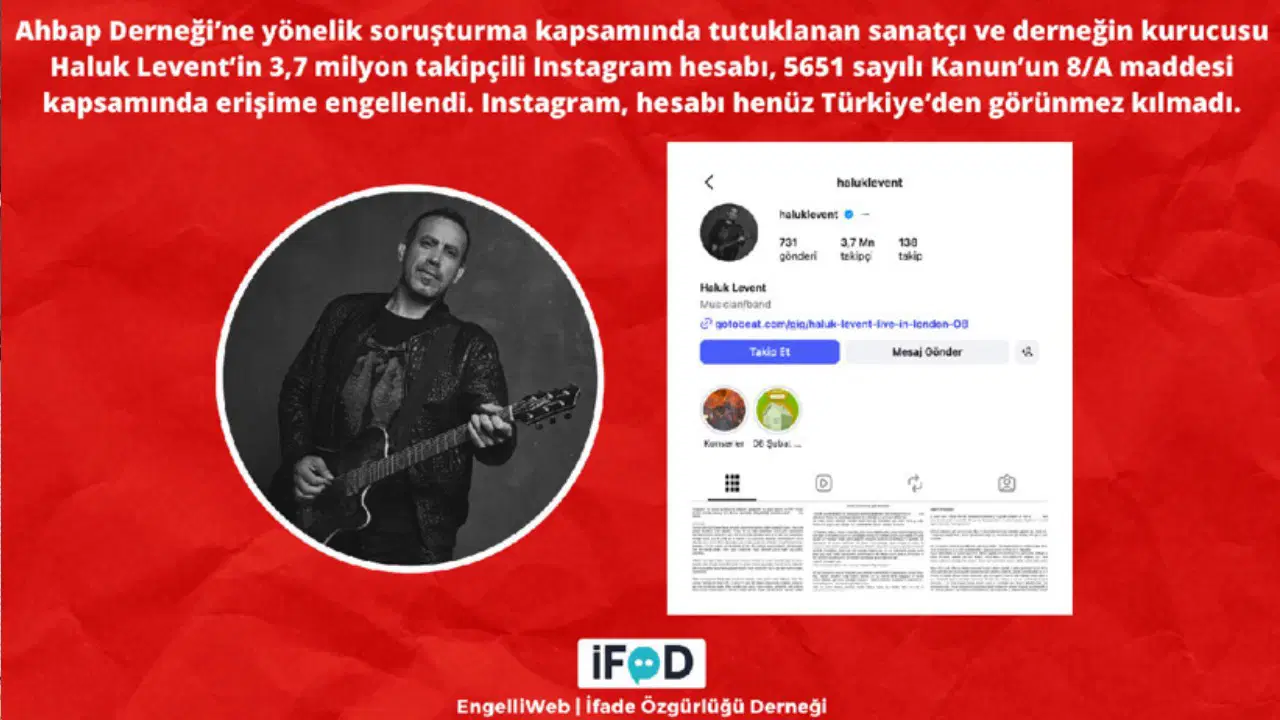 Haluk Levent’in Instagram hesabı için erişim engeli kararı alındığını belirten görsel.