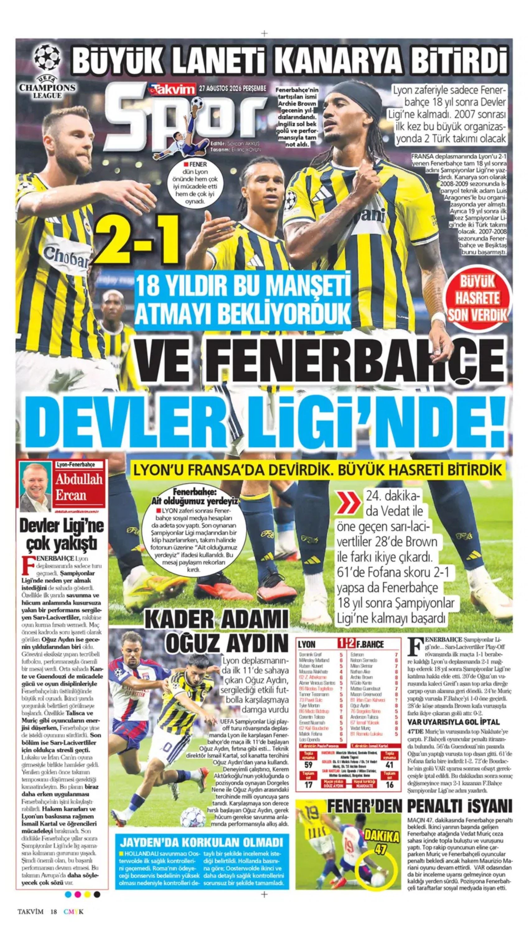 18 yıllık hasret sona erdi: Gazeteler Fenerbahçe'nin Şampiyonlar Ligi zaferini nasıl gördü?