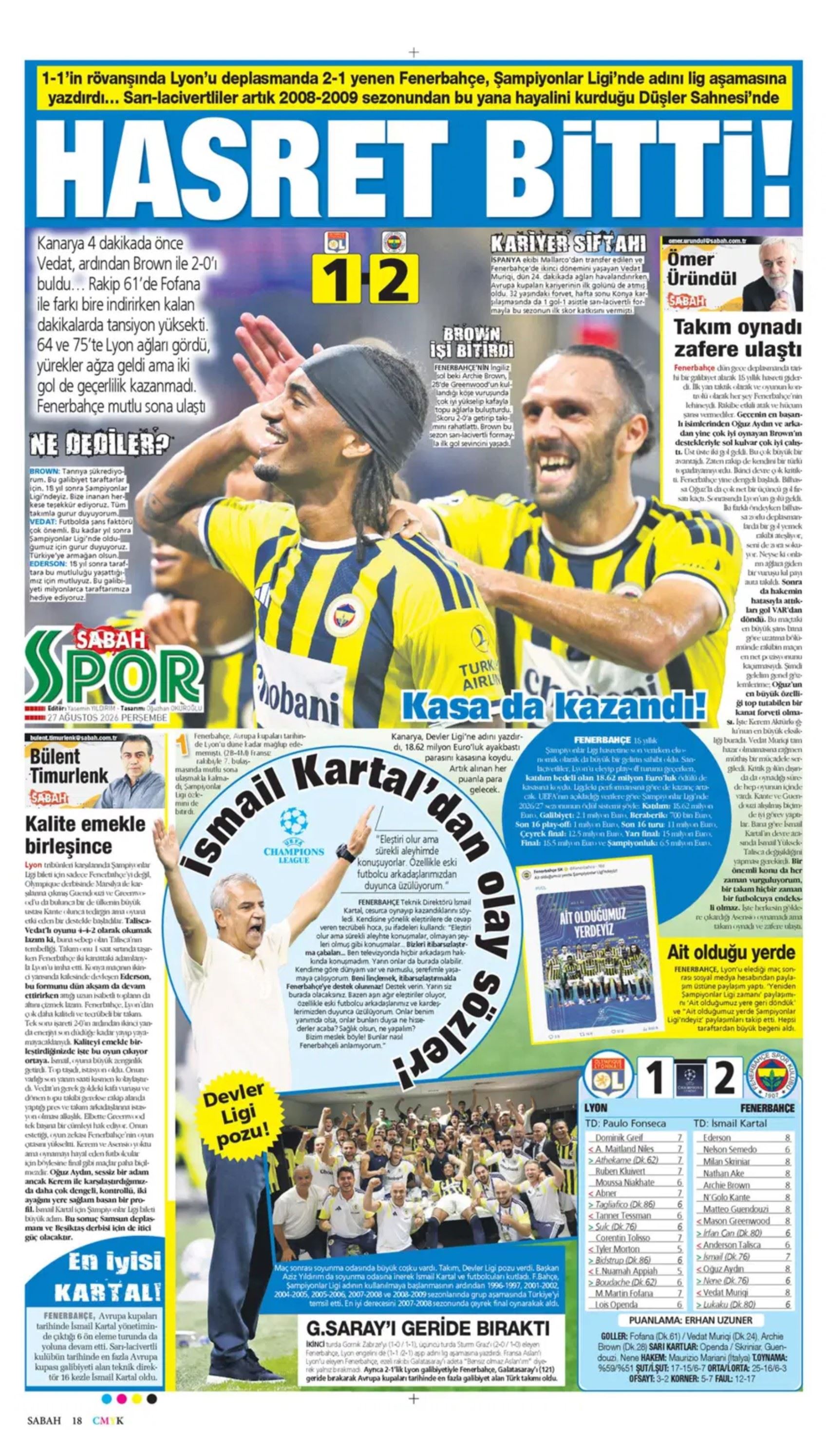 18 yıllık hasret sona erdi: Gazeteler Fenerbahçe'nin Şampiyonlar Ligi zaferini nasıl gördü?