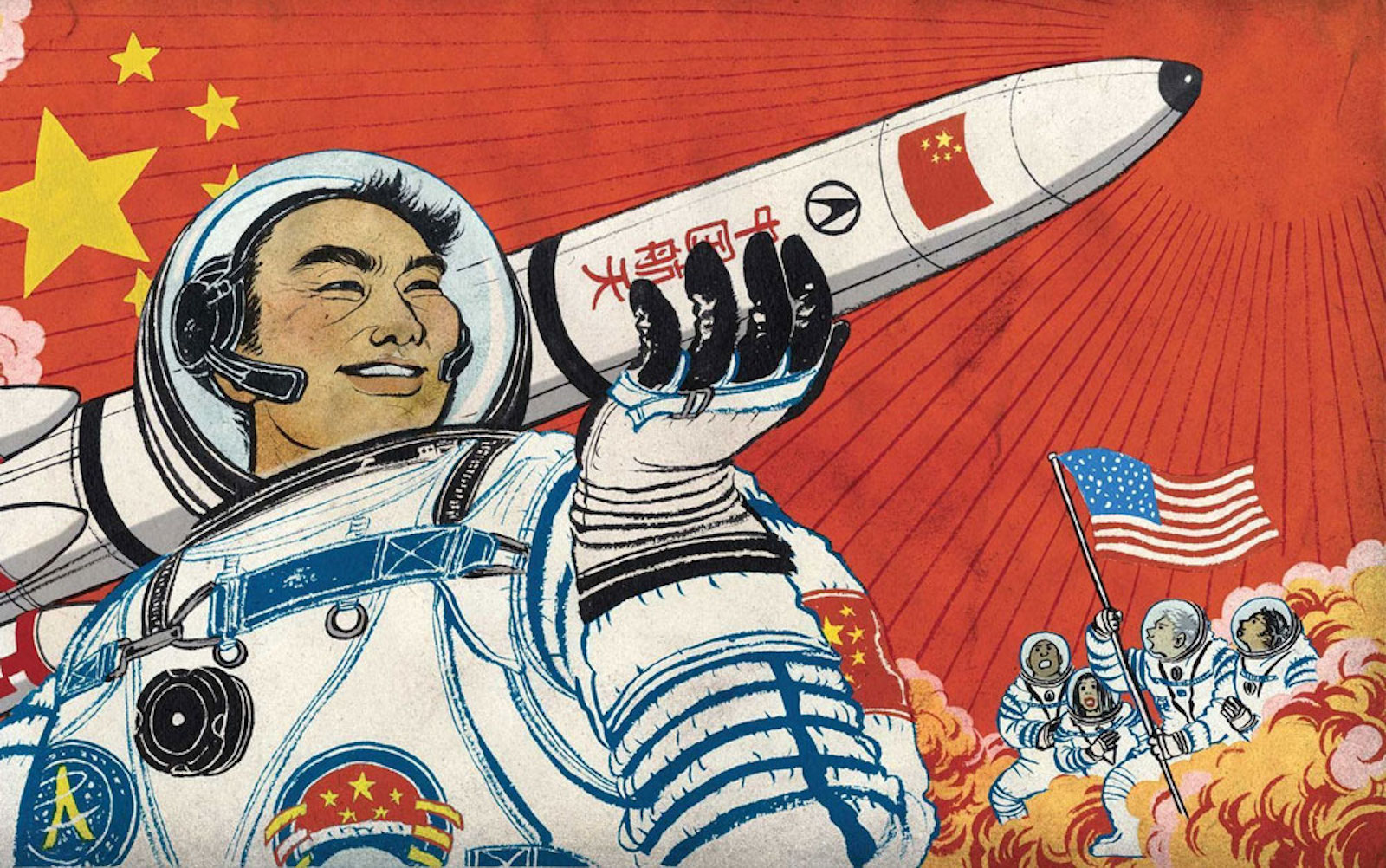 Illustration featuring a Chinese astronaut and rocket, symbolizing space competition.
