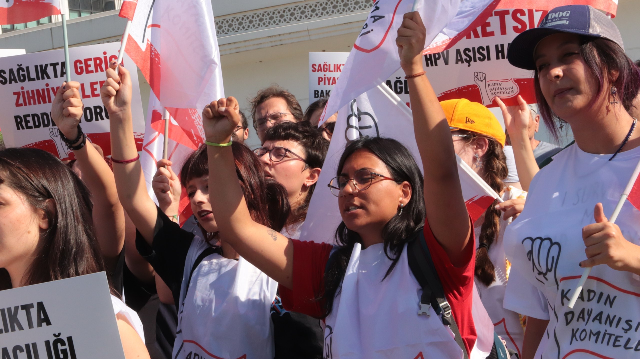 Protesters chanting slogans with flags and signs in front of the Ministry of Health.