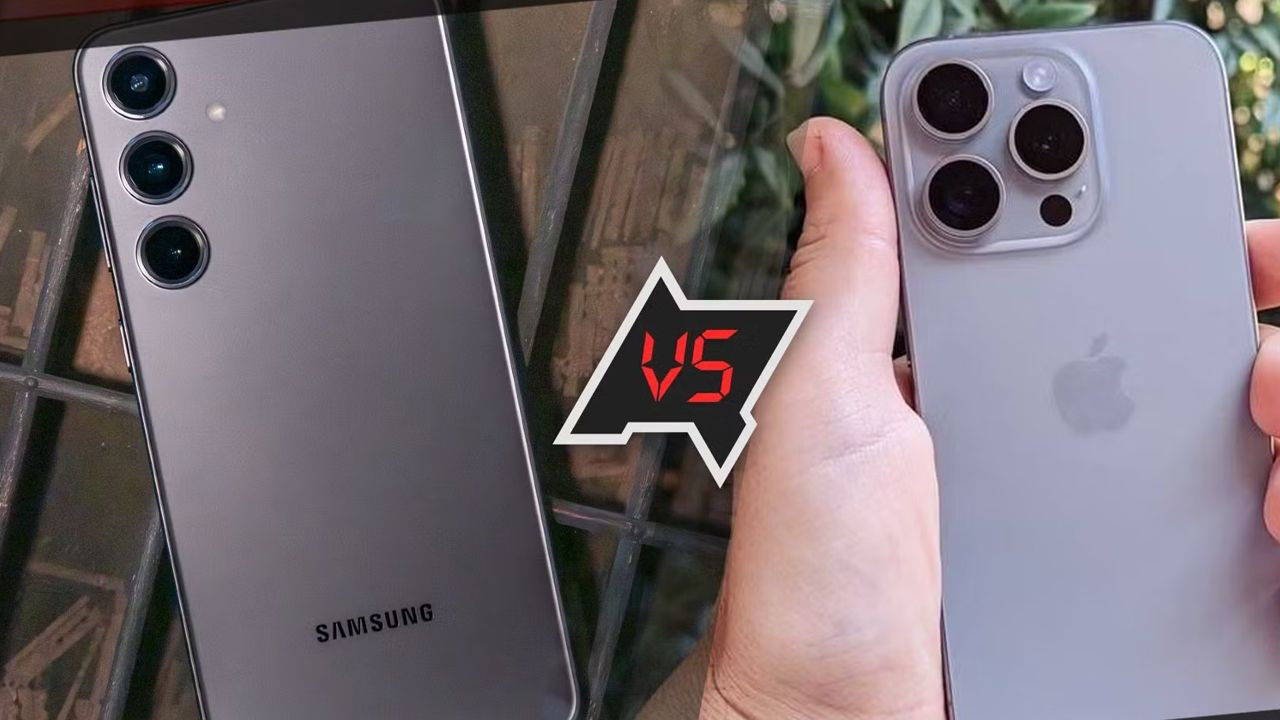 Comparative image of Apple and Samsung phones.