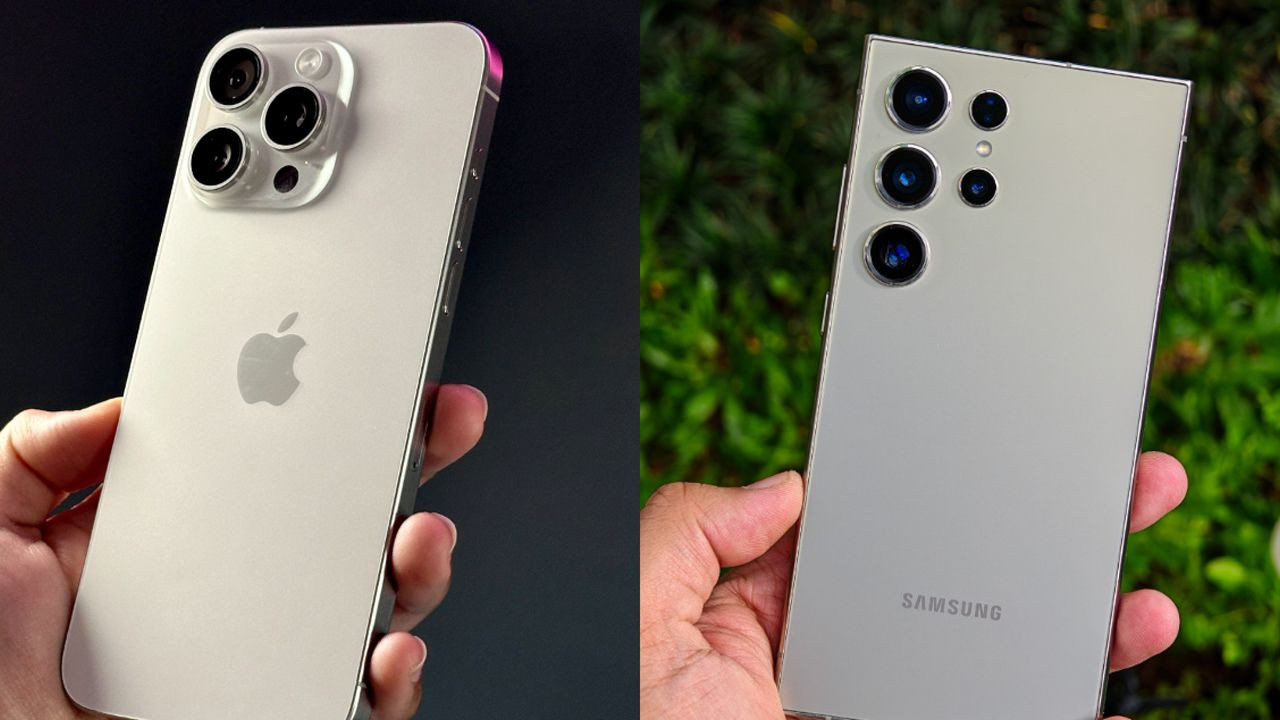 High-end Apple and Samsung phones shown side by side.