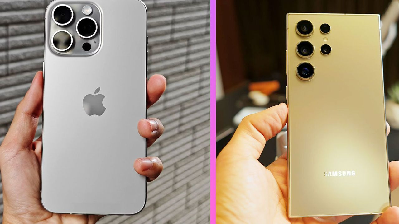 Split image of Apple and Samsung high-end phones.